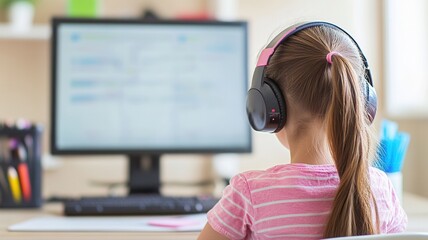 Poster - Remote worker wearing wireless headphones, typing greenery laptop amid lush on of home workspace, concentrating intently