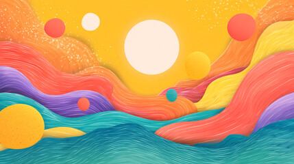 Poster - Abstract colorful landscape with wavy layers and floating spheres art