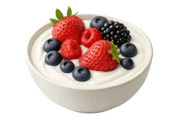Poster - Greek yogurt with strawberries, raspberries, blueberries and blackberries in a white bowl isolated on transparent background