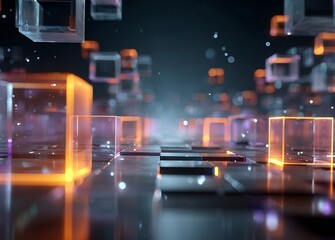 Fototapete - Glowing cubes floating over futuristic surface representing data flow