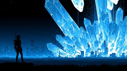 Wall Mural - silhouette watches over the cityscape engulfed in crystalline structures