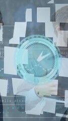 Poster - Animation of financial data, clock and digital clouds over diverse businesspeople shaking hands