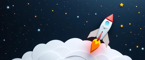 Wall Mural - Papercraft rocket soaring through starry space; flat design banner,  banner,  cutout