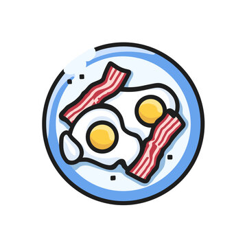 Colorful icon-style plate illustration with two fried eggs, bright yellow yolks, irregular whites, crispy bacon strips, red and white layers, white background, minimalistic design