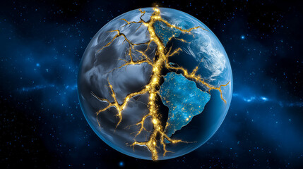 Poster - Earth cracked open, revealing glowing golden lines radiating from within. Bright illumination highlights geographical features, set against a dark cosmic space