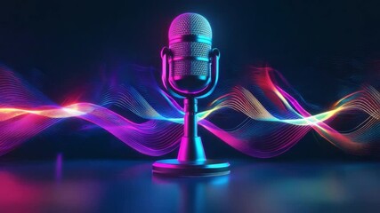 Poster - Colorful Studio Microphone with Sound Waves in Dark Background