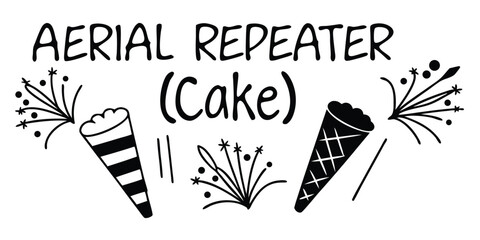 Poster - Aerial Repeater Cake Design with Party Poppers and Fun Typography on transparent background fun black white design featuring