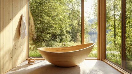 Poster - Wooden bathtub in modern bathroom with large window overlooking lush green forest and lake.