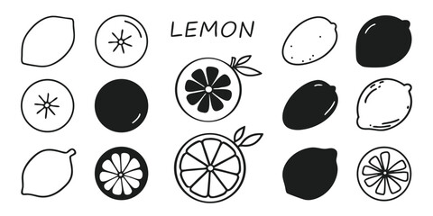 Poster - Lemon Doodle Set in Black and White with Different Styles on transparent background collection lemon doodles various styles