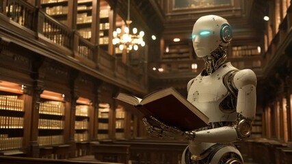 Poster - robot reading book in grand library with antique design elements
