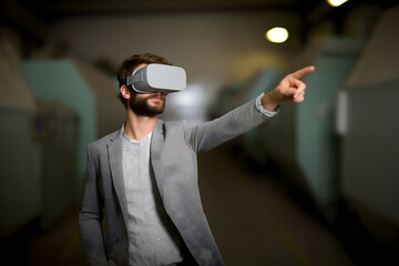 Aufkleber - A man wearing a VR headset points forward, fully immersed in a virtual reality experience in a dimly lit, indoor environment.