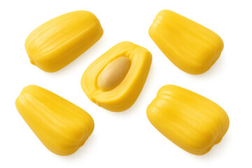 Poster - Ripe jackfruit segments revealing golden pulp and seed against transparent background