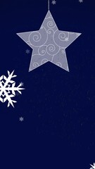 Poster - Animated fireworks and glowing snowflakes celebrate on a digital gray background.