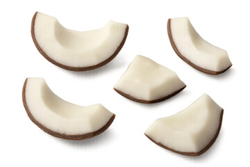 Poster - Fresh coconut pieces revealing white interior and textured brown shell, highlighting tropical nutrition against clean background