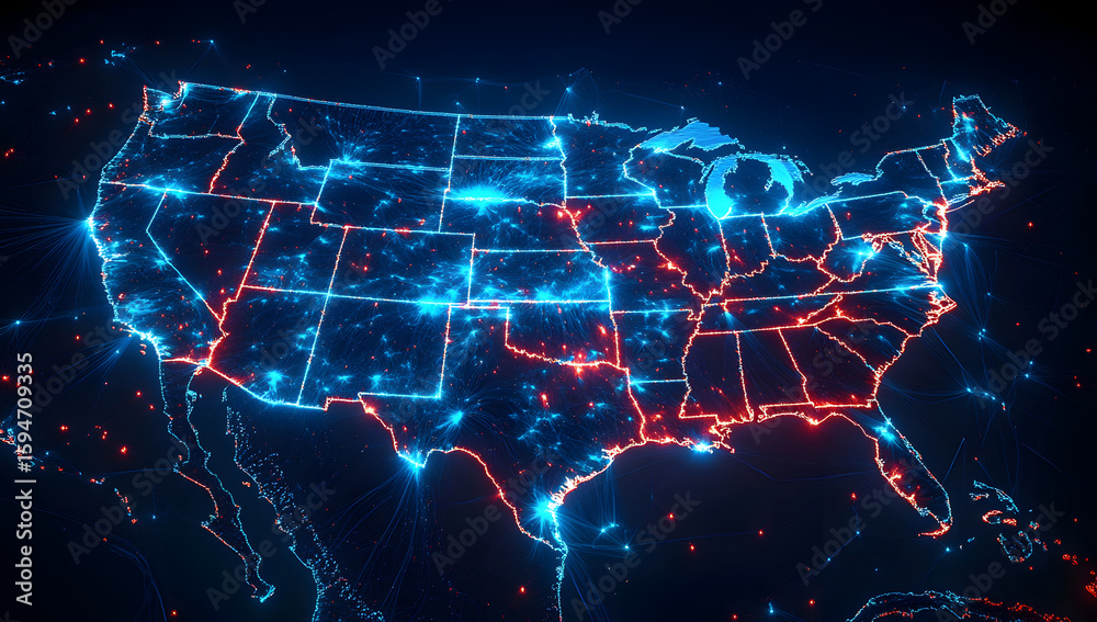 Stylized U.S. map overlaid with complex grid of fiber optic cables ...