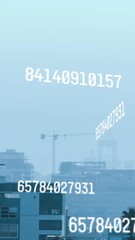 Poster - Animation of multiple changing numbers and data processing against aerial view of cityscape