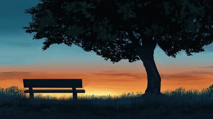 Wall Mural - A view of a bench beside a tree at dusk. 4K animated video