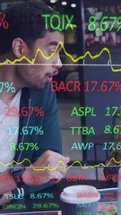 Poster - Animation of stock market data processing over diverse man and woman high fiving at office