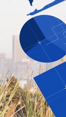 Aufkleber - Animation of infographic interface over close-up of grass against modern cityscape