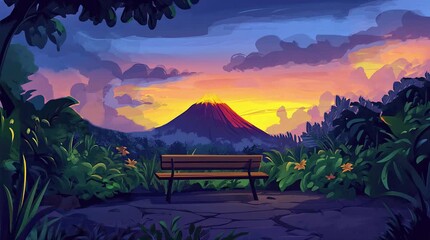 Wall Mural - A view of a bench with a view of a volcano in the evening. 4K animated video