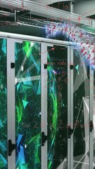 Poster - Animation of globe with mathematical equations over connected dots on data server racks