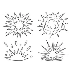 Poster - Four black and white cartoon explosion designs with different shapes and line styles on a white background