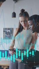 Poster - Animation of icons, multiple graphs with changing numbers, diverse coworkers sharing ideas in office