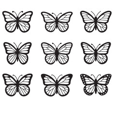 Aufkleber - Nine black and white butterfly illustrations in a grid pattern on a white background for design use
