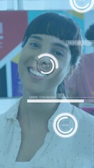 Poster - Animation of statistical data processing against portrait of woman smiling at office