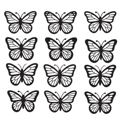 Aufkleber - Collection of twelve black and white butterfly illustrations in a grid pattern on white background