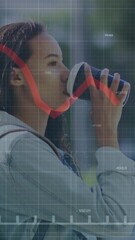 Poster - Animation of red line financial data processing over asian woman on smartphone