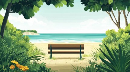 Wall Mural - A view of a bench on the beach with a view of the sea. 4K animated video