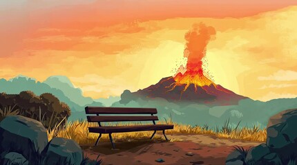Wall Mural - A view of a bench with a view of an erupting volcano. 4K animated video