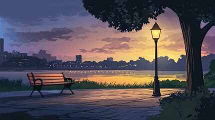 Wall Mural - A view of a bench with a view of the river and city buildings at dusk. 4K animated video
