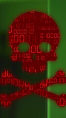Poster - Animation of binary coding and data processing over skull and bones by computer servers