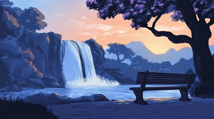 Wall Mural - A view of a bench with a view of a waterfall at dusk. 4K animated video