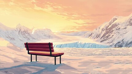 Wall Mural - A view of a bench with a view of a glacier in the afternoon. 4K animated video