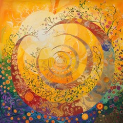 Poster - The sun, represented by a large spiral, radiates warmth and energy, complementing the overall theme of vitality and connection to nature