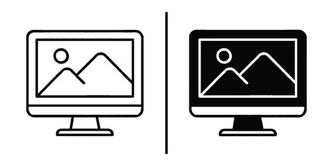 Fototapete - Digital Display Icon Set: Two sleek digital display icons are depicted side by side, with one in a modern outline style and the other in bold, solid black. Both screens showcase a scenic landscape.