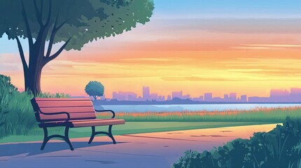 Wall Mural - A view of a bench in the park with a view of city buildings. 4K animated video