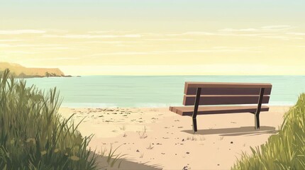 Wall Mural - A view of a bench on the beach in the morning. 4K animated video