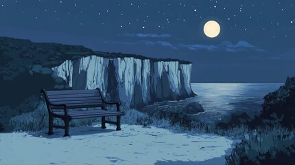 Wall Mural - A view of a bench near a cliff with a view of the moon at night. 4K animated video