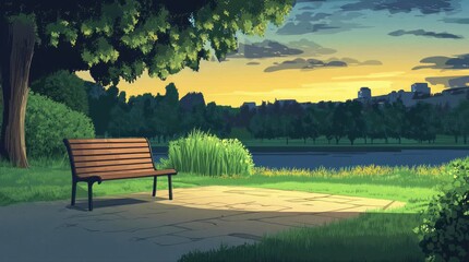 Wall Mural - A view of a bench in the park at dusk. 4K animated video