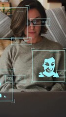 Poster - Facial recognition and data analysis animation over woman using laptop on couch