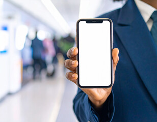 Professional businessman in a sharp blue suit confidently displays a modern smartphone with a blank white screen in a blurred indoor environment