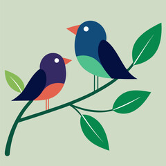 two birds perched on a branch with sprouting leaves vector icon on colorful background.