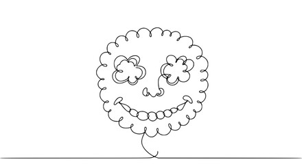 Poster - Happy cartoon balloon face illustration in a minimal outline style - Concept of single line outline vector  