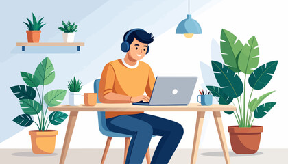 A young man working at a home office, surrounded by plants and using a laptop.