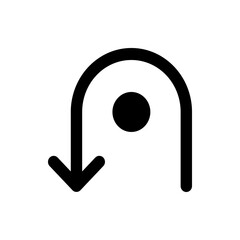 Fototapete - Black u turn arrow pointing down with a small circle near the top right corner on a white background