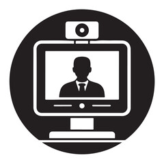 Poster - Person in suit on computer screen with webcam silhouette